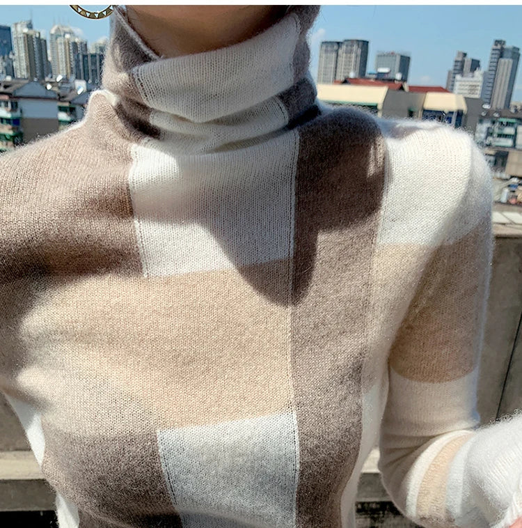 New Cashmere Sweater Women's High-Neck Color Matching 100% Pure Wool Pullover Fashion Plus Size Warm Knitted Bottoming Shir