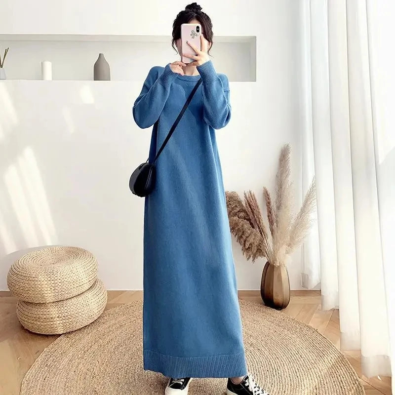 Thick Long Sleeve Knitted Dress Women Korean Fashion Maxi Vestidos Loose Plus Size 80kg Robes Casual Straight Sweater Dresses