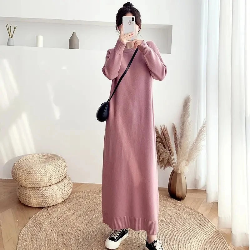 Thick Long Sleeve Knitted Dress Women Korean Fashion Maxi Vestidos Loose Plus Size 80kg Robes Casual Straight Sweater Dresses