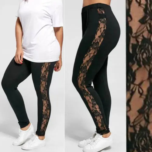 L-3XL Plus Size Trousers For Women Fashion Casual Black Slimming High Waist Lace Patchwork See Through Leggings Pants 2023