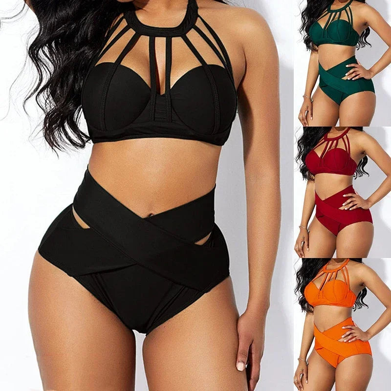 2024 High Waist Sexy Solid Color Women's Bikini Split Swimsuit Push Up Swimwear Beachwear Plus Size S-5XL Bathing Suit