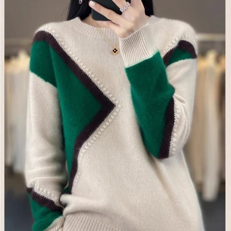 100% Pure Cashmere Sweater Women's Color-Block Plus Size Crew Neck Sweater Loose Thick Knitted Base Pullover Korean Fashion