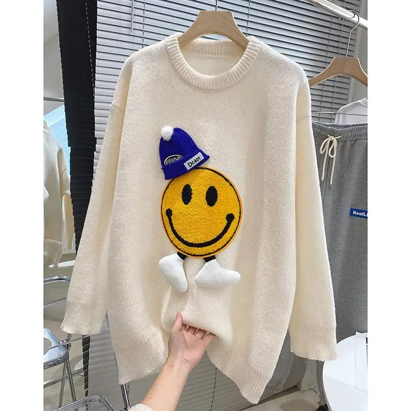 2023 New Women's Coat Smiling Face Sweater Knit Tops Plus Size Autumn Clothing Pullovers Korean Style Clothes Sweaters Jumpers