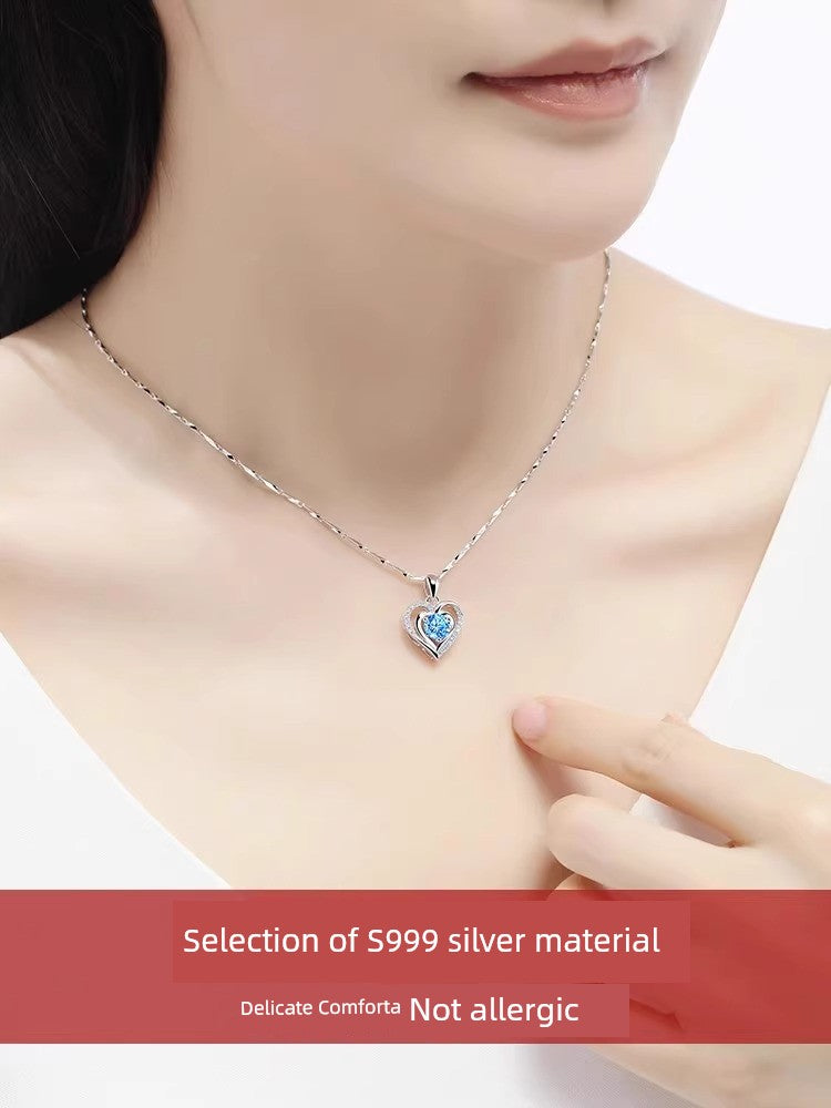 Ocean Heart Necklace Women's Pure Silver Gift Exquisite Fancy Accessible Luxury Sapphire Accessories All-Match Blue Pendant