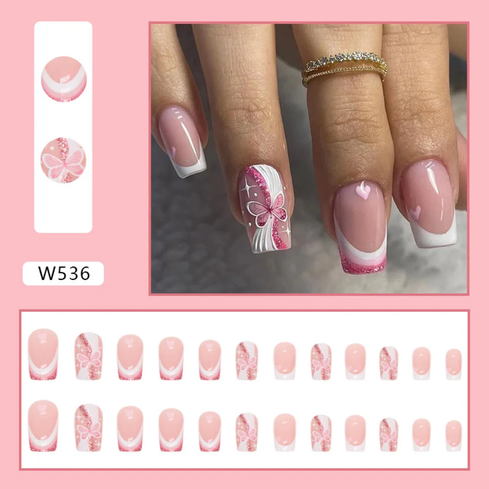 24Pcs/Set Butterfly Love Design Fake Nails White Pink Medium Length European Square False Nails Wearable Press on Nail for Women