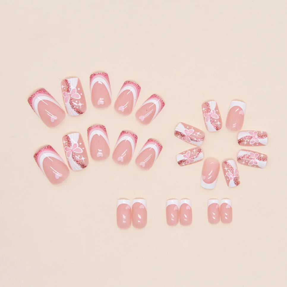 24Pcs/Set Butterfly Love Design Fake Nails White Pink Medium Length European Square False Nails Wearable Press on Nail for Women