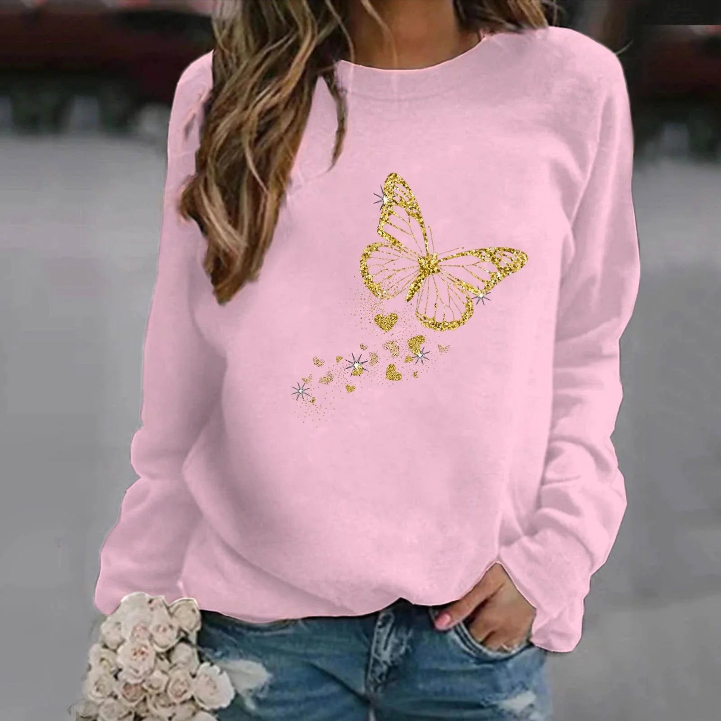 Fuuny Butterfly Printed Women Sweater Autumn And Winter Fashion Ladies Long Sleeve Sweatshirt Plus Size Hoodless Sweatshirt