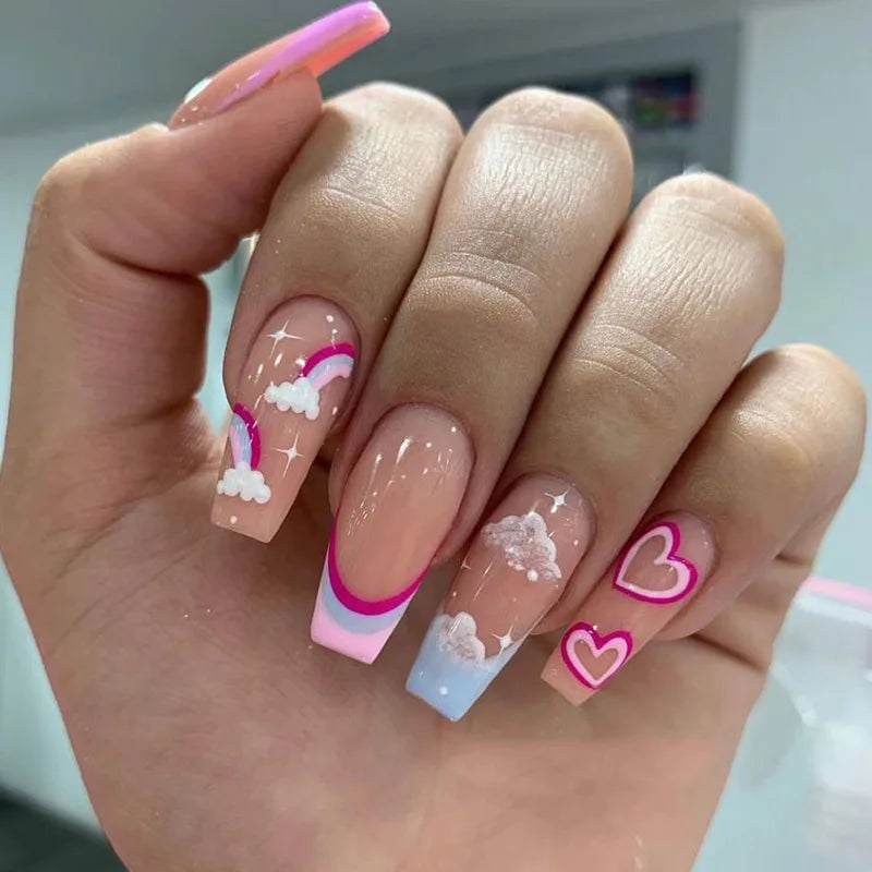 24Pcs/Set Butterfly Love Design Fake Nails White Pink Medium Length European Square False Nails Wearable Press on Nail for Women