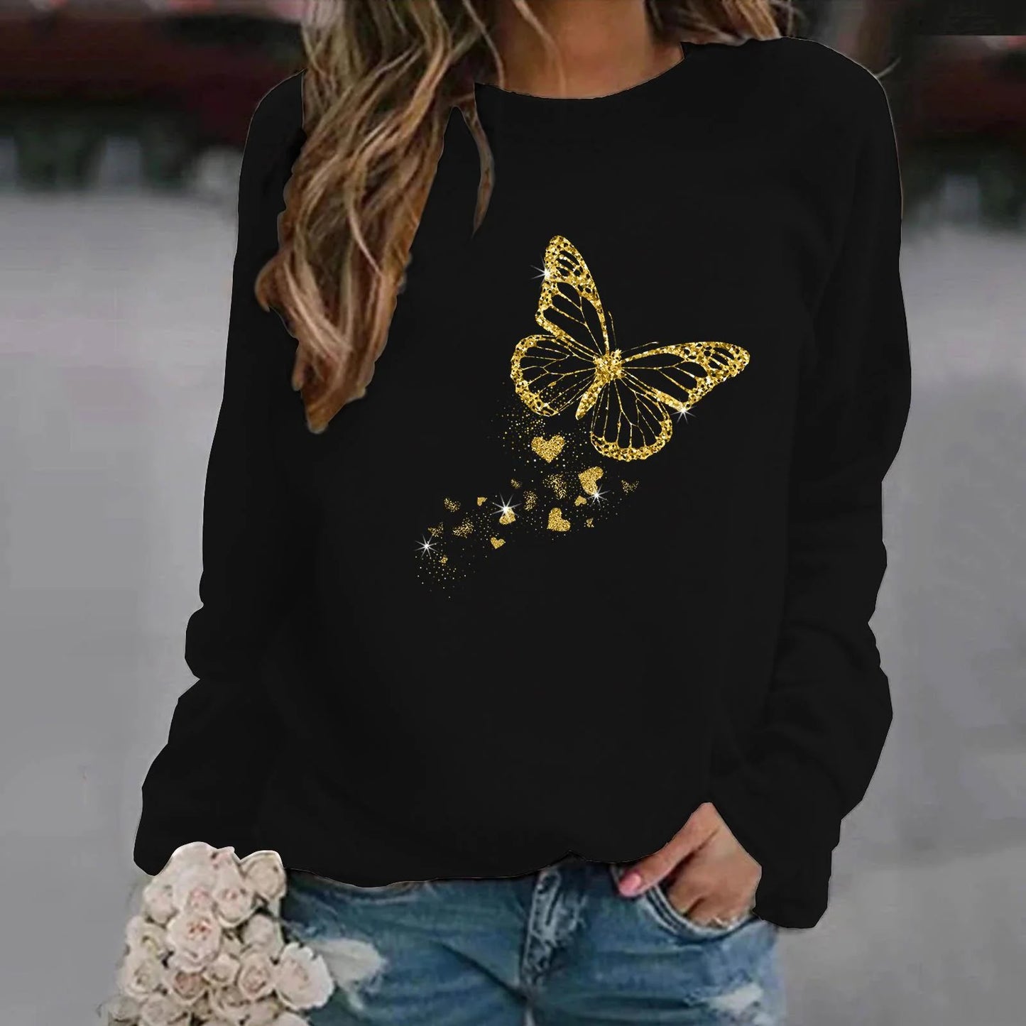 Fuuny Butterfly Printed Women Sweater Autumn And Winter Fashion Ladies Long Sleeve Sweatshirt Plus Size Hoodless Sweatshirt