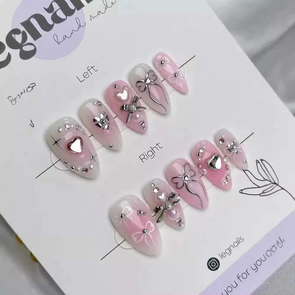 24pcs Sweet False Nail Patches Detachable Fake Nail Tips With Bowknots Love Heart Pearl Design Pink Almond Korean Press On Nail