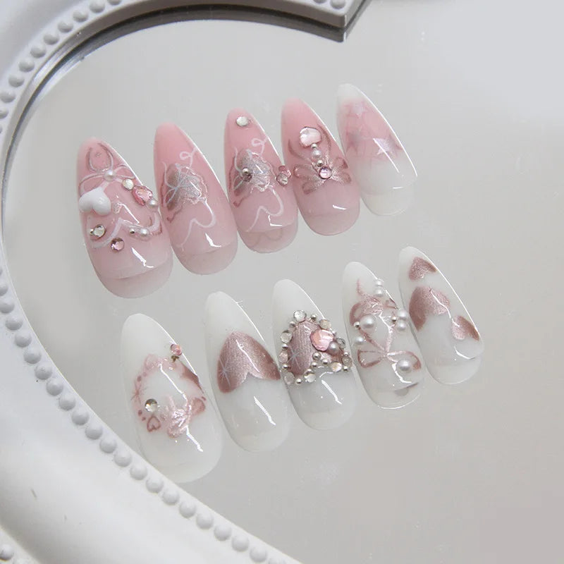 24pcs Sweet False Nail Patches Detachable Fake Nail Tips With Bowknots Love Heart Pearl Design Pink Almond Korean Press On Nail