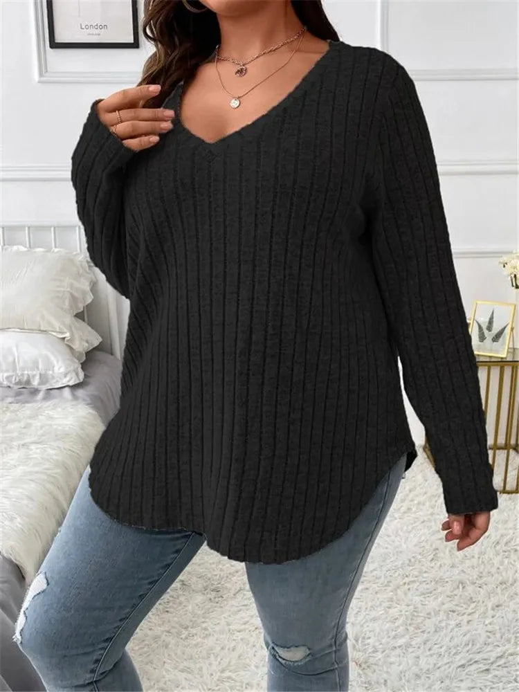 Women's Plus Size Clothing Long Sleeve T-Shirt Casual Fashion V Neck Striped Knitted Tops Spring Ladies Solid Loose T Shirts 5XL