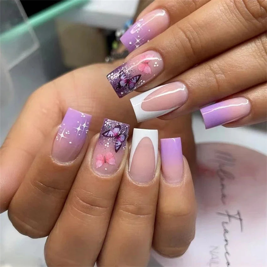 24Pcs/Set Press on Nails False Nails with Flower Design Long Coffin French Ballerina Fake Nails Art Full Cover Acrylic Nail Tips