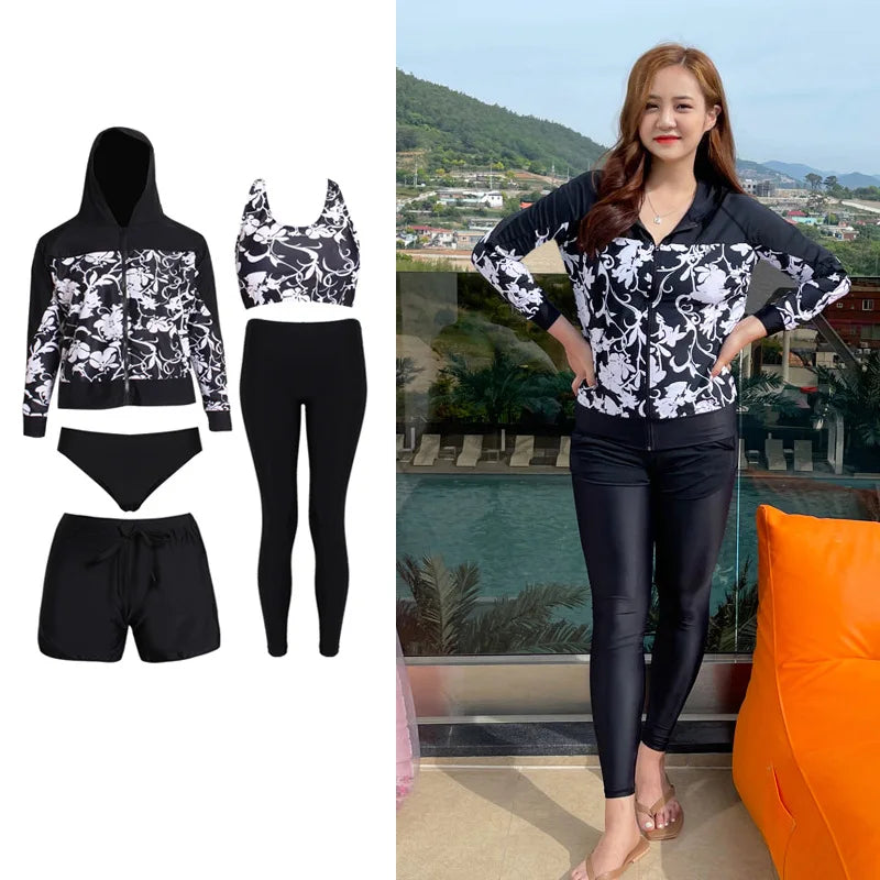 5pcs/set Women’s Plus Size Long Sleeve Rash Guard Tight Fit Swim Shirt Pants Sun Protection Swimsuit Tops+Bottoms Full Body