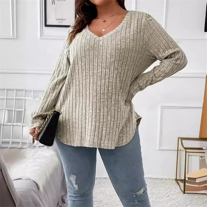 Women's Plus Size Clothing Long Sleeve T-Shirt Casual Fashion V Neck Striped Knitted Tops Spring Ladies Solid Loose T Shirts 5XL