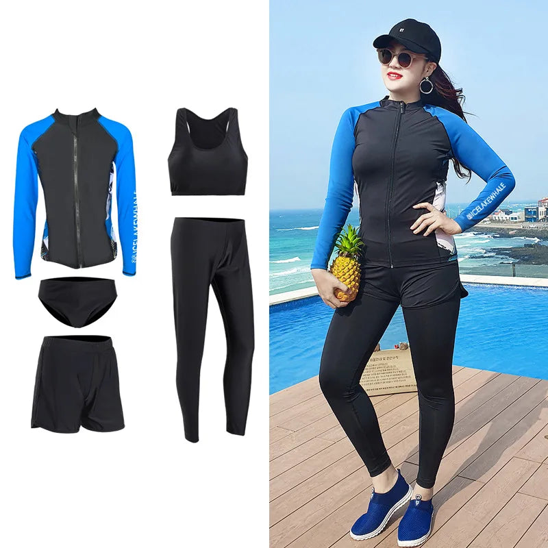 5pcs/set Women’s Plus Size Long Sleeve Rash Guard Tight Fit Swim Shirt Pants Sun Protection Swimsuit Tops+Bottoms Full Body