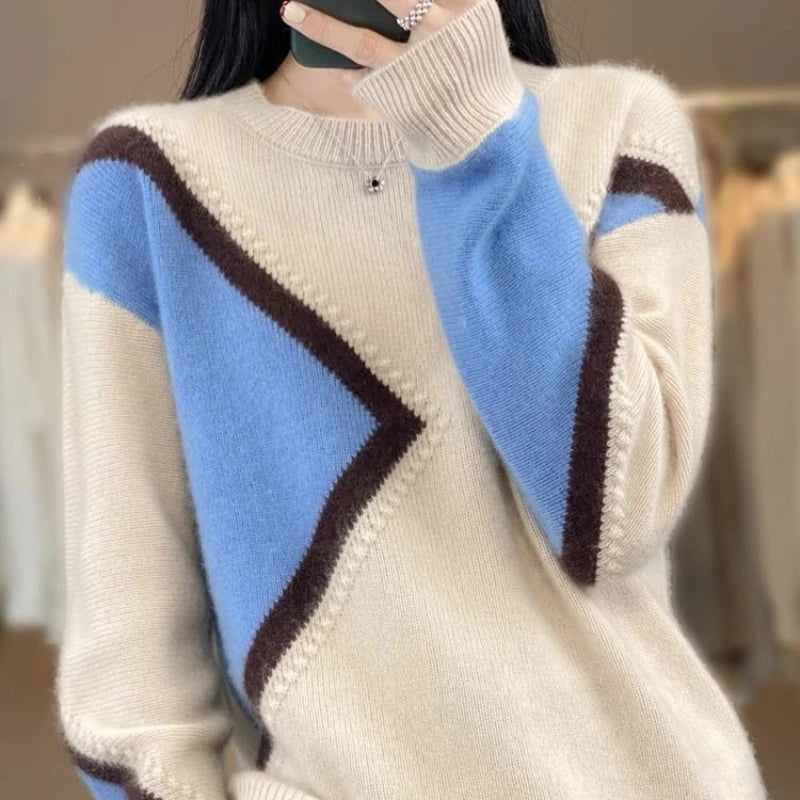 100% Pure Cashmere Sweater Women's Color-Block Plus Size Crew Neck Sweater Loose Thick Knitted Base Pullover Korean Fashion