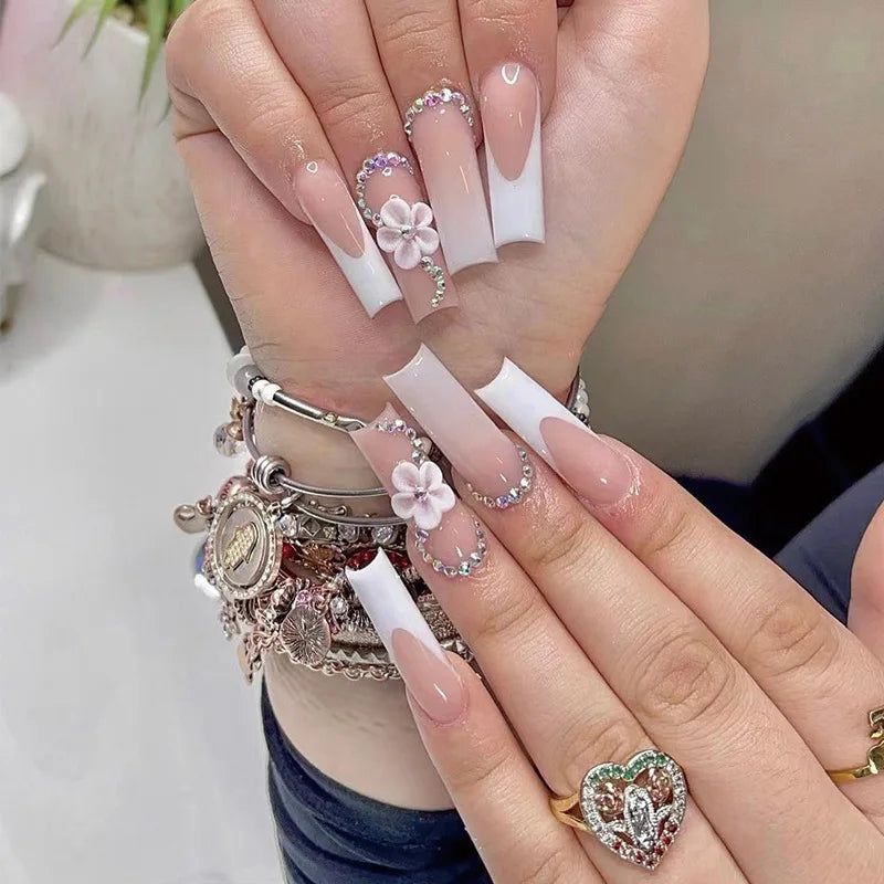 24Pcs Ballet False Nails Long French Press on Nails with Rhinestone Wearable Coffin Fake Nail Pink Bow Design Manicure Tips