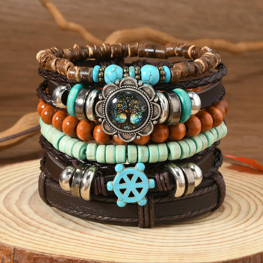 Feather Evil Eye Ethnic 5-6pc/set wood bead tree Charms bracelets Hamsa Hand Butterfly Bohemia Men Bracelets Women Jewelry