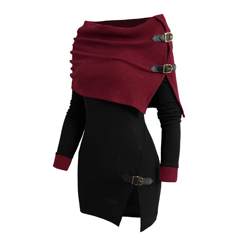 Women's Open Shoulder Knit Foldover Top Long Sleeve Buckle Strap Solid Color Top Fall Winter Red Knited Tops