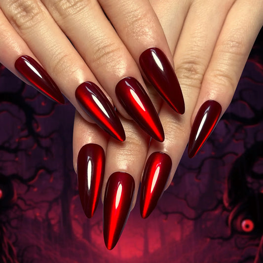 Sparkling Red Cat Eye Solid Color Fake Nail Halloween Fashion Detachable Finished False Nails Press on Nails with Glue Wholesale