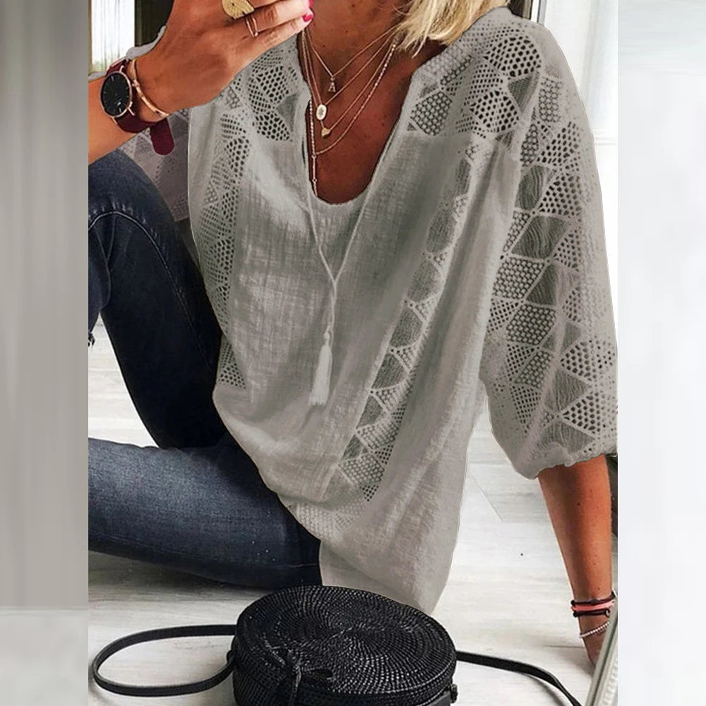 Plus Size L-5XL Blouse Cotton Linen Patchwork Lace U-neck Women Draw String Hollow Tops Summer Elegant Three Quarter Sleeve Tees