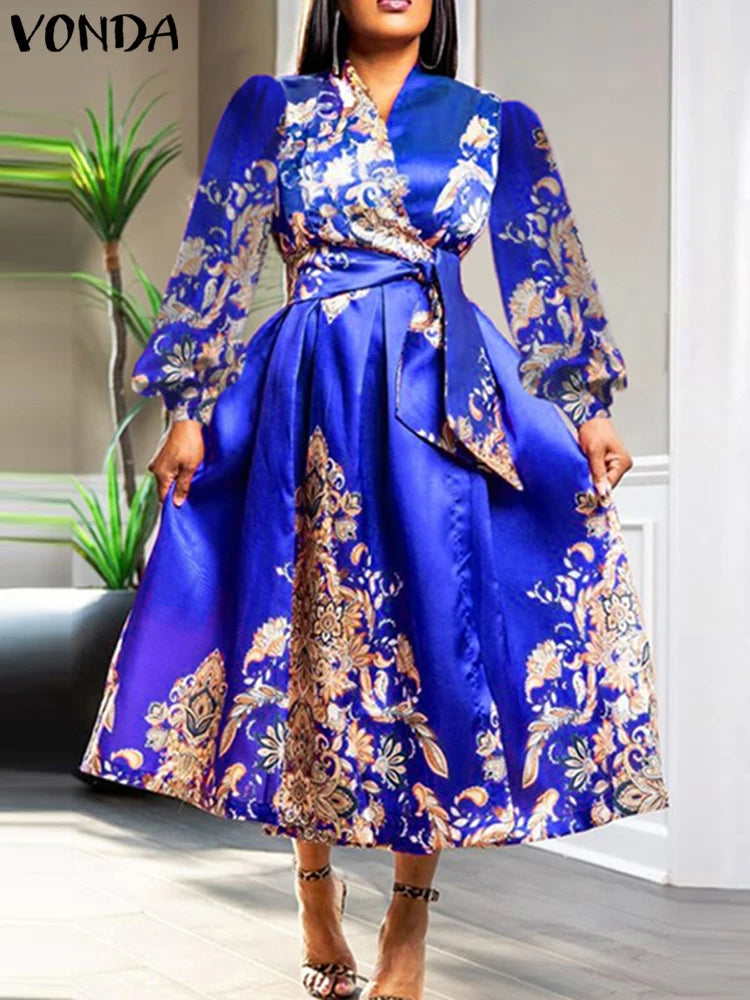 Plus Size VONDA Women Satin Silk Dress 2024 Bohemian Printing Long Lantern Sleeve Vestidos Elegant Sundress Casual V-Neck Robe