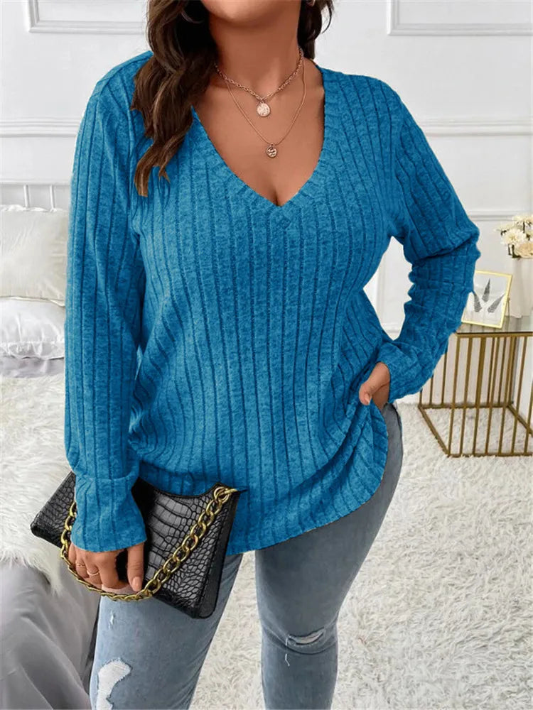 Women's Plus Size Clothing Long Sleeve T-Shirt Casual Fashion V Neck Striped Knitted Tops Spring Ladies Solid Loose T Shirts 5XL