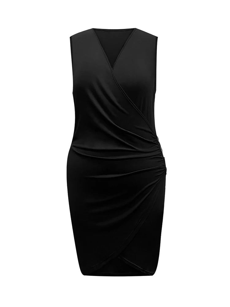 Plus Size Women's Dress Sleeveless V-Neck Hip-wrapped Slim Mini Dress Solid Color Black Suspender Fashion Sexy Nightclub Party