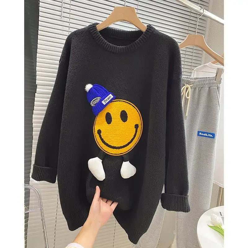 2023 New Women's Coat Smiling Face Sweater Knit Tops Plus Size Autumn Clothing Pullovers Korean Style Clothes Sweaters Jumpers