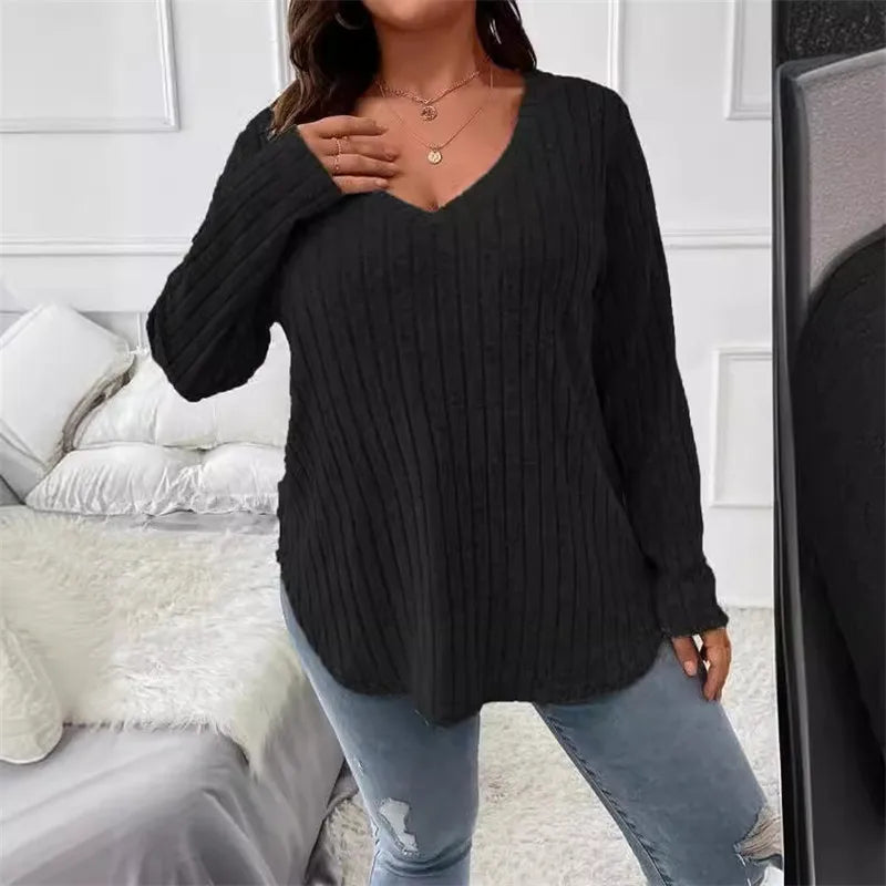 Women's Plus Size Clothing Long Sleeve T-Shirt Casual Fashion V Neck Striped Knitted Tops Spring Ladies Solid Loose T Shirts 5XL