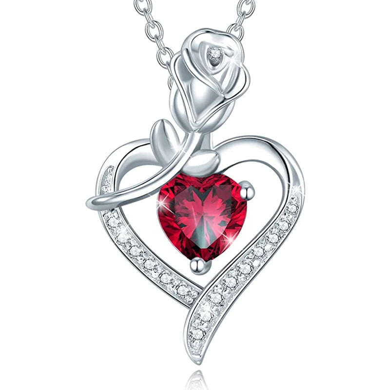 Huitan Red Heart CZ Pendant Necklace with Rose Flower Anniversary Gift for Lover/Mom 2023 New Design Women Jewelry Mother's Day