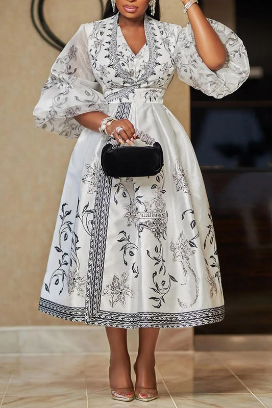 Plus Size Business Casual White Floral Wrap Neck Lantern Sleeve Long Sleeve Pocket Satin Midi Dresses