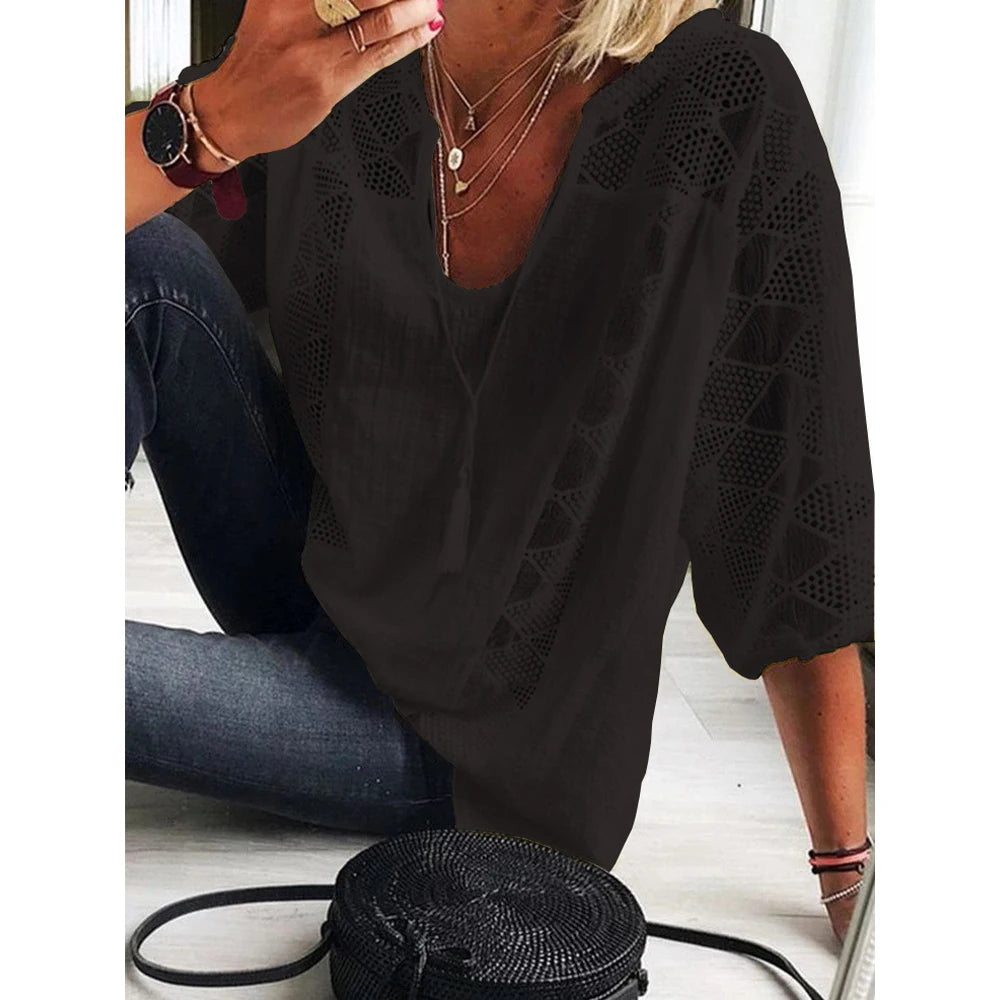 Plus Size L-5XL Blouse Cotton Linen Patchwork Lace U-neck Women Draw String Hollow Tops Summer Elegant Three Quarter Sleeve Tees