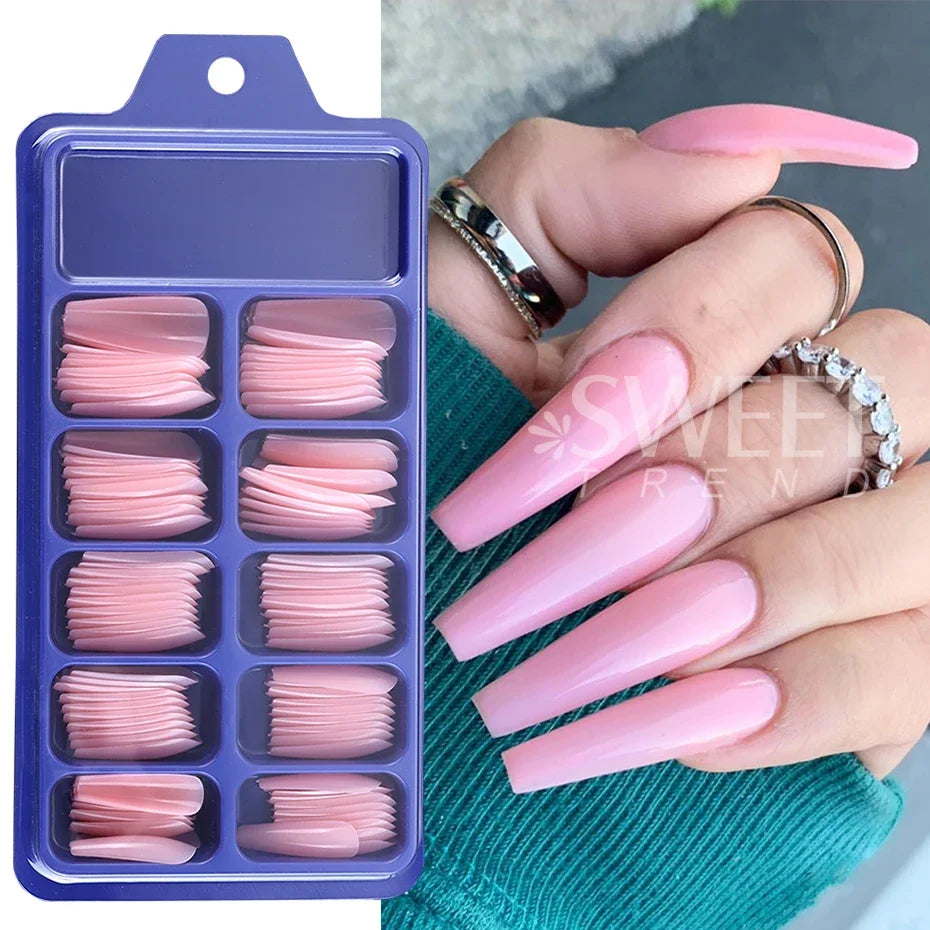 100pcs Nude Pink False Nail Press On Nails Acrylic Extension Coffin Forms Nail Tips Artificial Long Full Cover Fingernails Tools