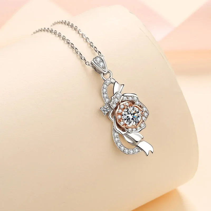 18K gold necklace a rose necklace for women inlaid with moissanite0.5carat  electroplated pt950 platinum color pendant