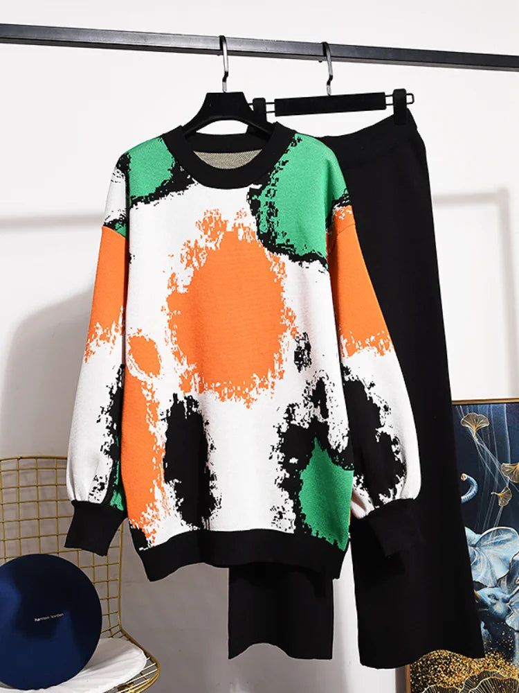 Fashion Print Suit Autumn Winter Retro Knitted Tracksuit Plus Size Sweater Loose Pullover Shirt Wide Leg Pants 2-Piece Set Women