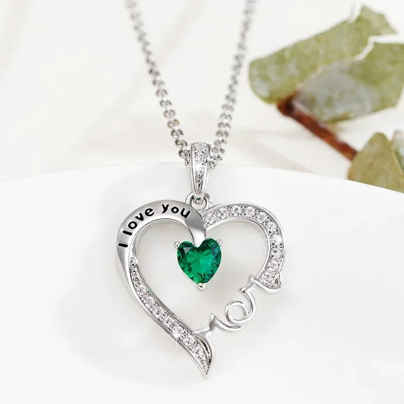 New Mother's Day Women Necklace Love Green Cubic Zirconia Letter "I  You" Exquisite Anniversary Gift Mom Fashion Jewelry