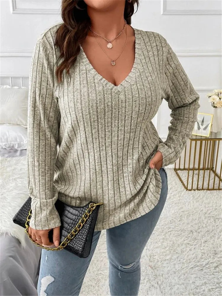 Women's Plus Size Clothing Long Sleeve T-Shirt Casual Fashion V Neck Striped Knitted Tops Spring Ladies Solid Loose T Shirts 5XL