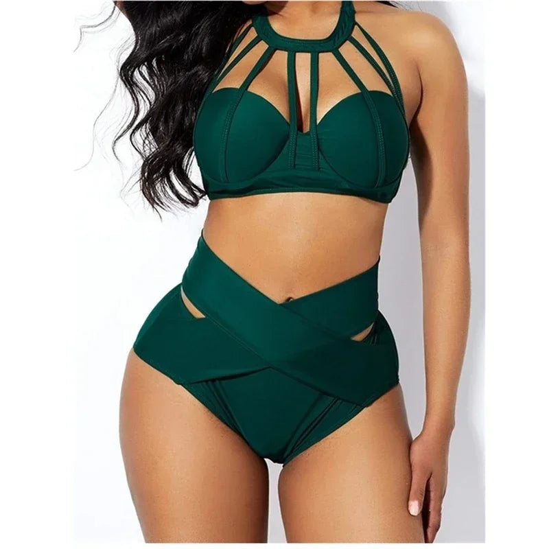 2024 High Waist Sexy Solid Color Women's Bikini Split Swimsuit Push Up Swimwear Beachwear Plus Size S-5XL Bathing Suit