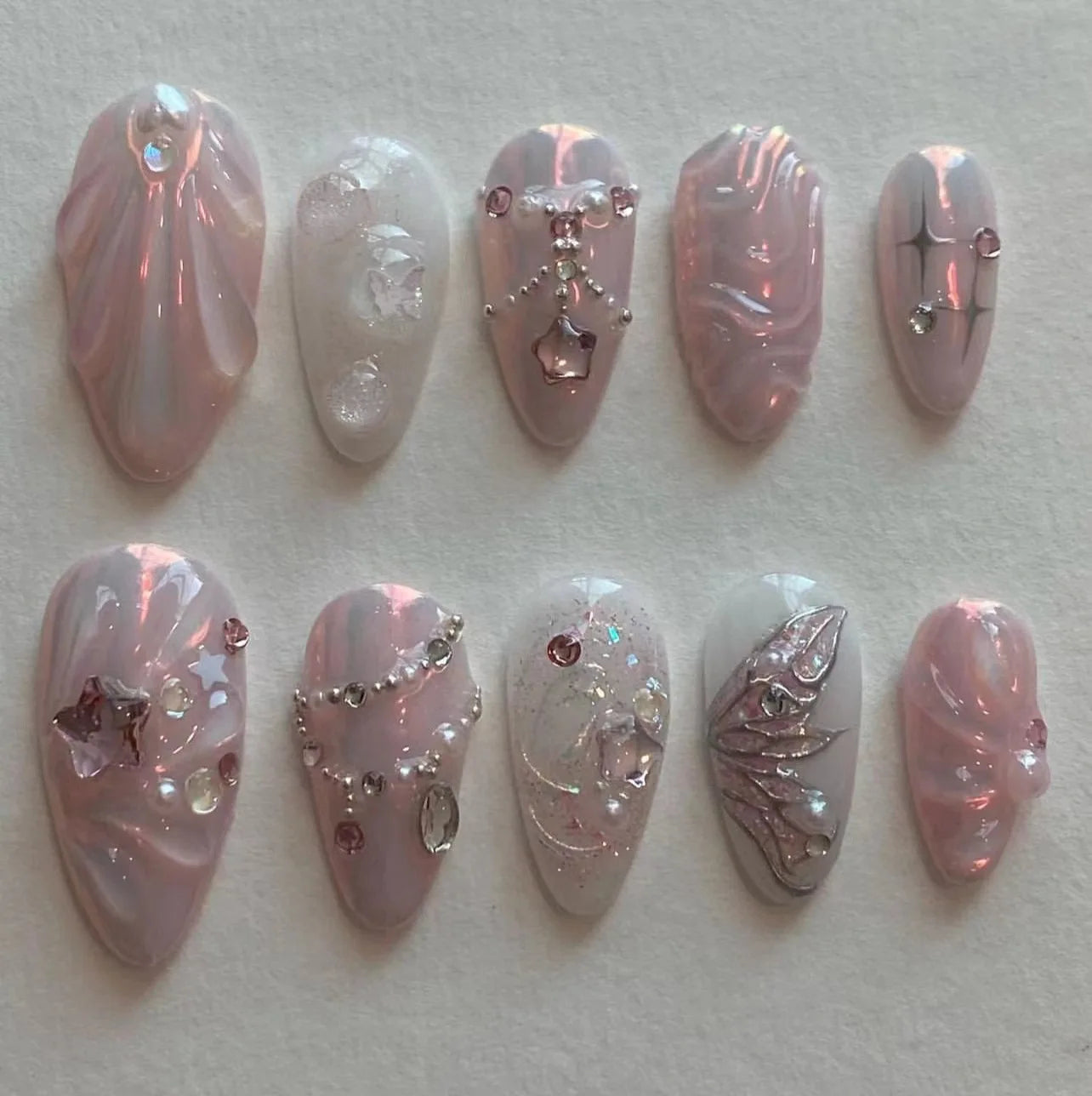 24pcs Sweet False Nail Patches Detachable Fake Nail Tips With Bowknots Love Heart Pearl Design Pink Almond Korean Press On Nail