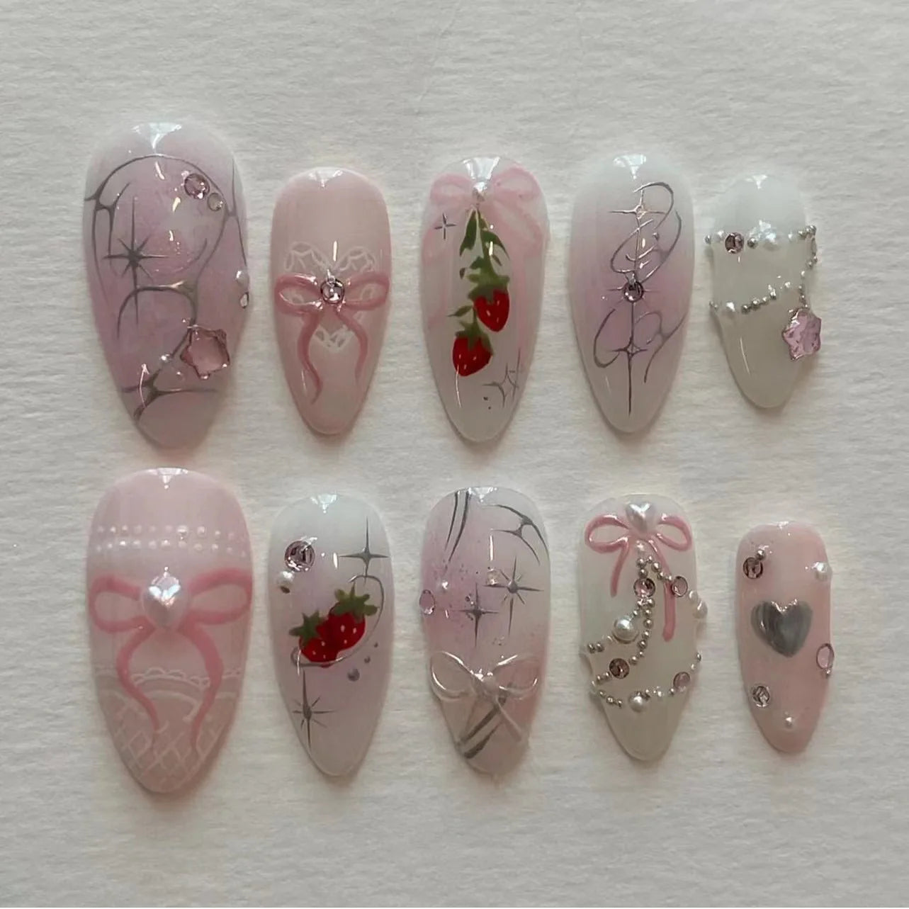 24pcs Sweet False Nail Patches Detachable Fake Nail Tips With Bowknots Love Heart Pearl Design Pink Almond Korean Press On Nail