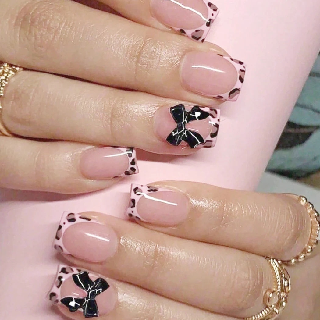 24Pcs Pink French Style Fake Nails 3D Bowknot Designs Short Square Press on Nails Sweet Korean Fashion False Nail for Women Girl