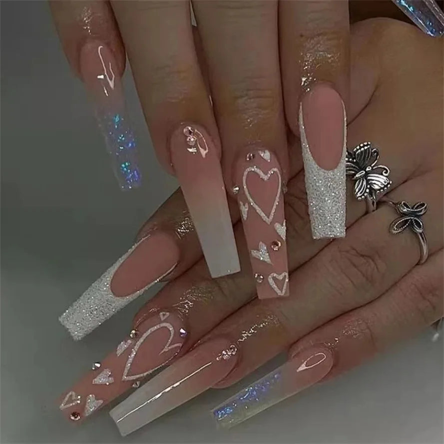 24Pcs/Set Press on Nails False Nails with Flower Design Long Coffin French Ballerina Fake Nails Art Full Cover Acrylic Nail Tips