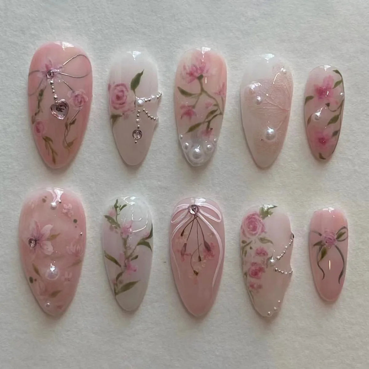 24pcs Sweet False Nail Patches Detachable Fake Nail Tips With Bowknots Love Heart Pearl Design Pink Almond Korean Press On Nail