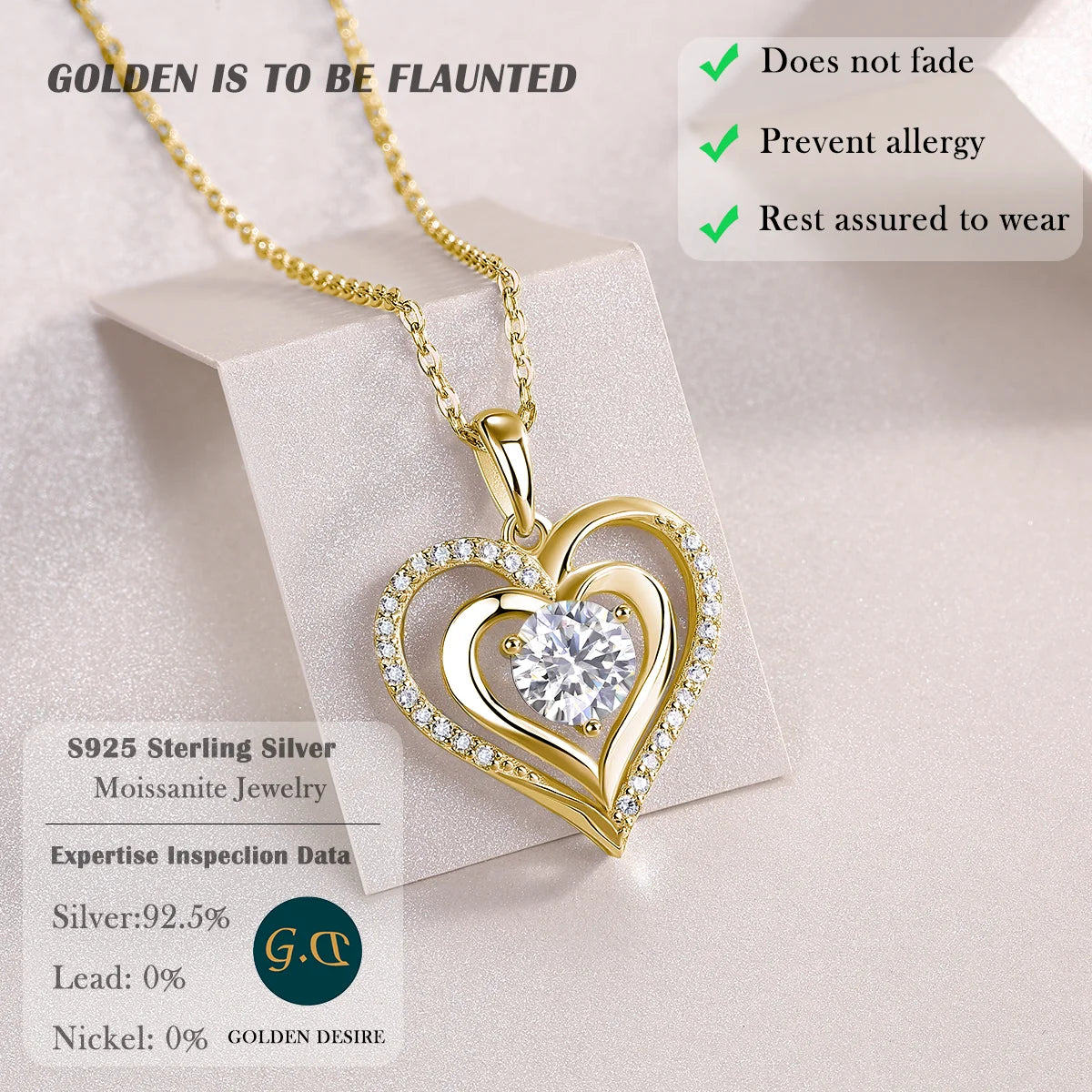 1ct Moissanite Heart Pendant Necklace for Women, D Color VVS Moissanite, Gold-Plated S925 Sterling Silver, Elegant Fine Jewelry