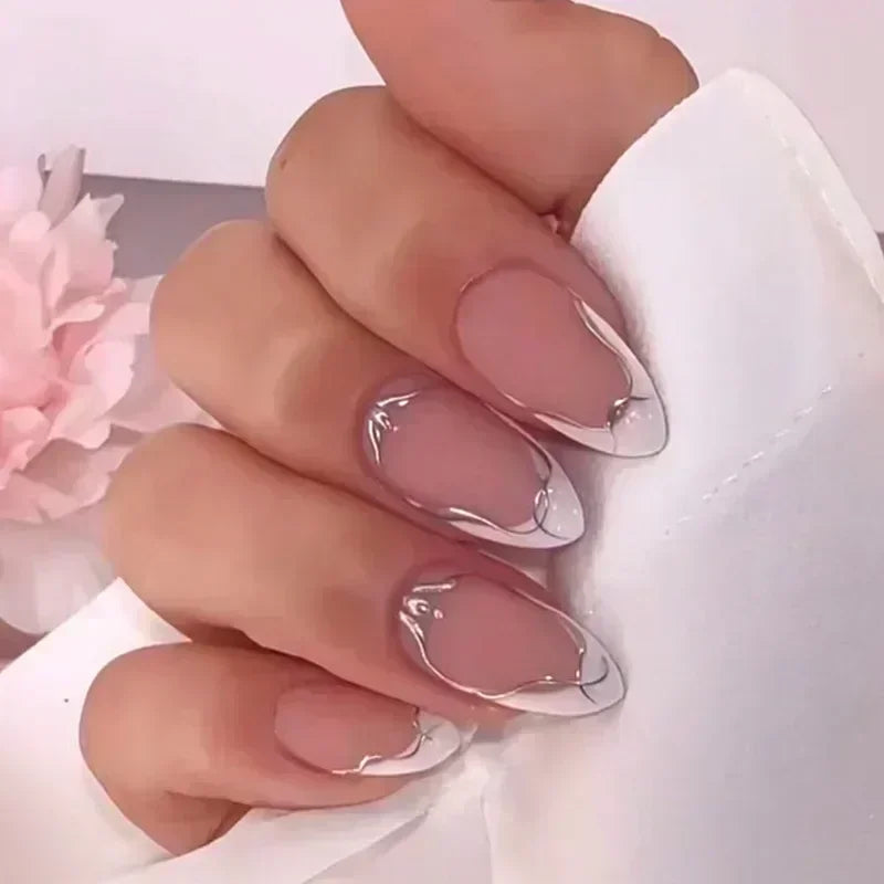 24Pcs French False Nails Almond Fake Nails with Glue Press on White Edge Design Wearable Simple Ins Pink Stiletto Nail Tips