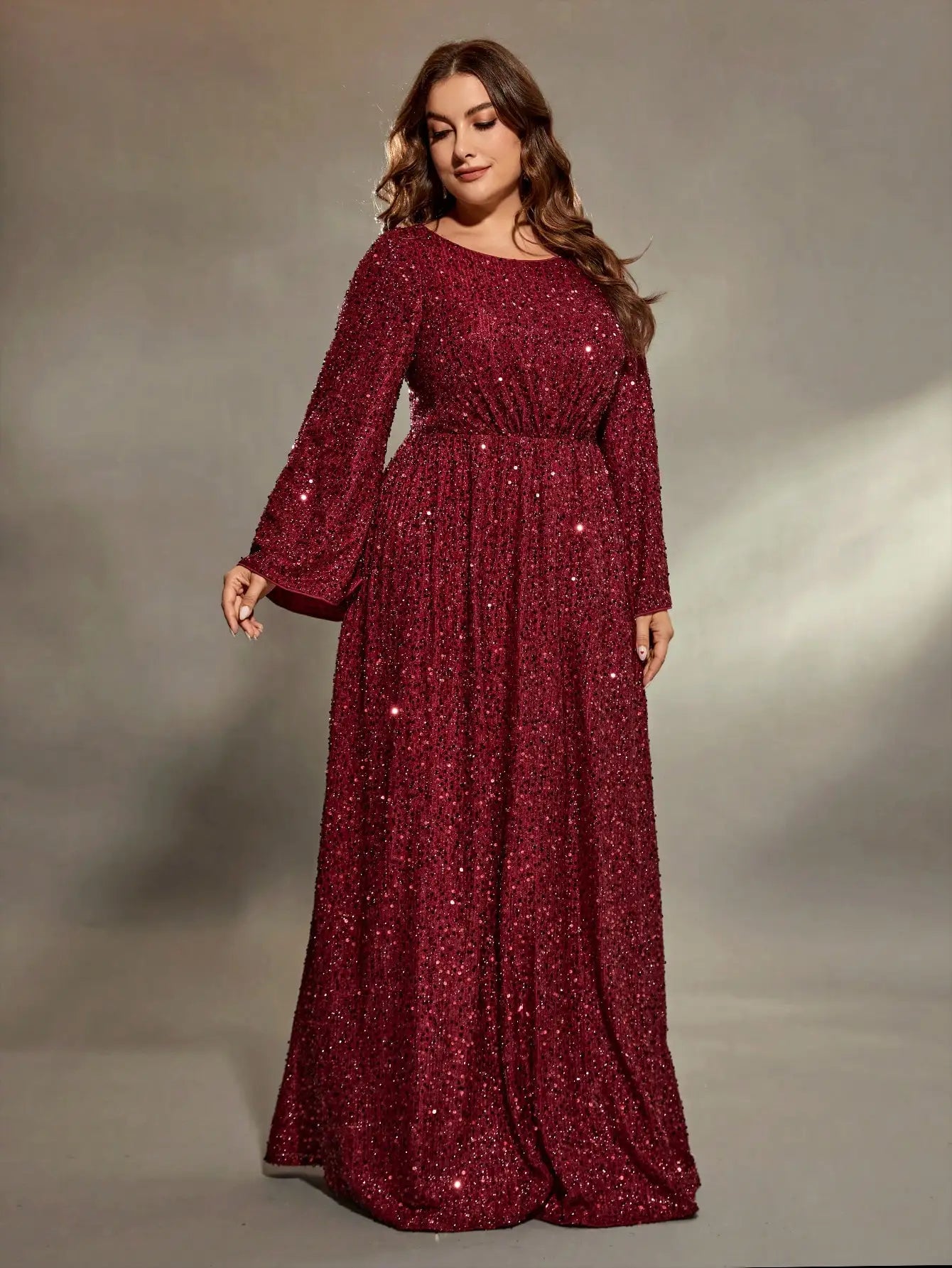 Mgiacy  plus size  Round neck flared sleeves bust pleated sequins A full skirt Evening gown PROM dress Party dress