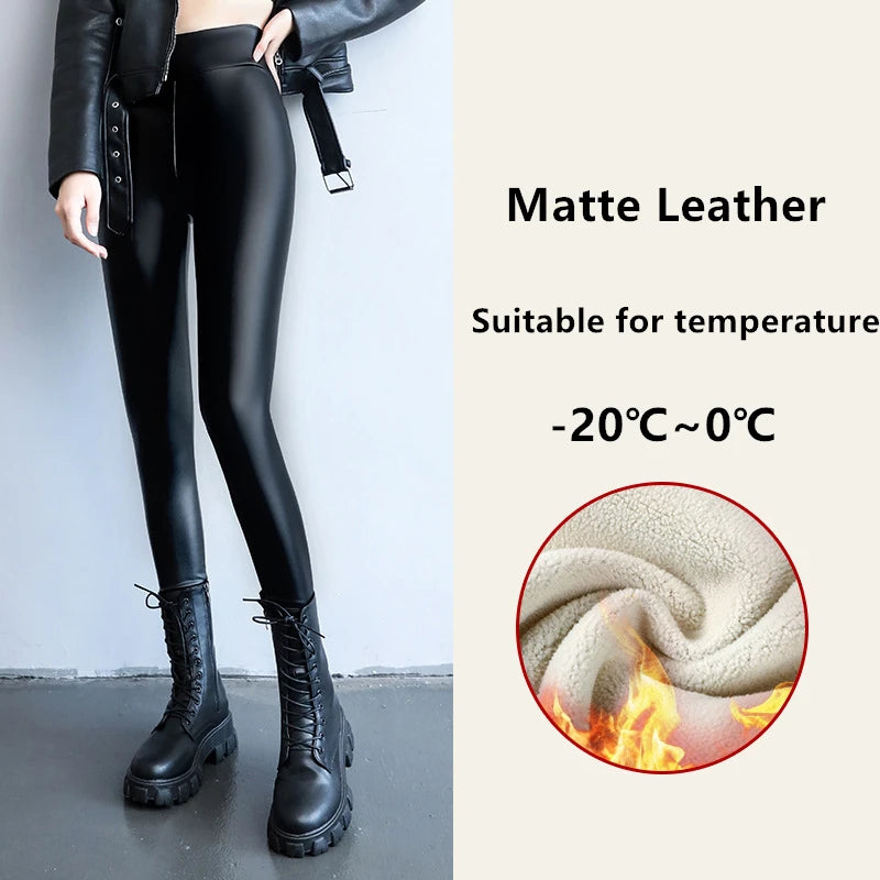 Winter Pu Leather Fleece Lined Leggings Pant Women High Waist Thicken Warm Lamb Fluff Slim Pencil Leggins Black Pantalones