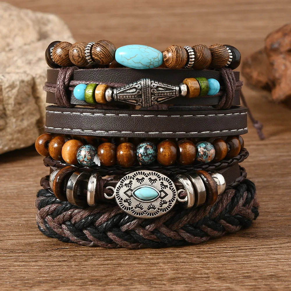 Feather Evil Eye Ethnic 5-6pc/set wood bead tree Charms bracelets Hamsa Hand Butterfly Bohemia Men Bracelets Women Jewelry